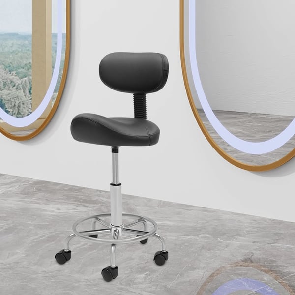 Sadelstol - Barstol med ryglæn - 360° Drejbar - Højdejusterbar 45–59 cm - 5 Hjul - Maks belastning 150 kg - Ergonomisk 15° Ryglæn - Sort