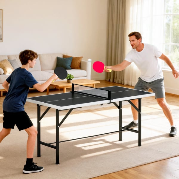Pingisbord/Bordtennisbord - Mini, Hopfällbart - Nät + 2 racketar + 3 bollar - Inomhus/Utomhus - 152×76×70 cm - Svart