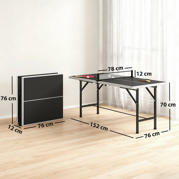 Pingisbord/Bordtennisbord - Mini, Hopfällbart - Nät + 2 racketar + 3 bollar - Inomhus/Utomhus - 152×76×70 cm - Svart