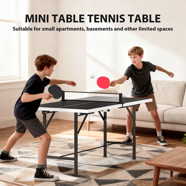 Pingisbord/Bordtennisbord - Mini, Hopfällbart - Nät + 2 racketar + 3 bollar - Inomhus/Utomhus - 152×76×70 cm - Svart
