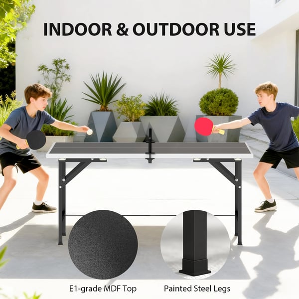 Pingisbord/Bordtennisbord - Mini, Hopfällbart - Nät + 2 racketar + 3 bollar - Inomhus/Utomhus - 152×76×70 cm - Svart