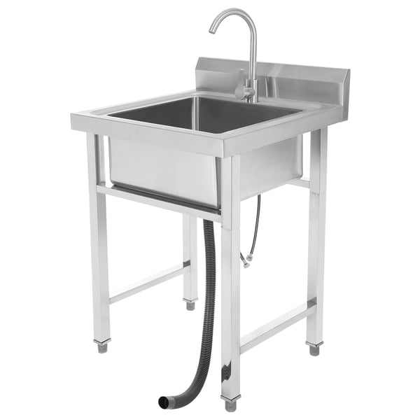 Vask - Fritstående - Enkelt kumme - Rustfrit stål - Med vandhane - 60×60×93 cm - Højdejusterbar 1–3 cm - Rektangulær - Sølv