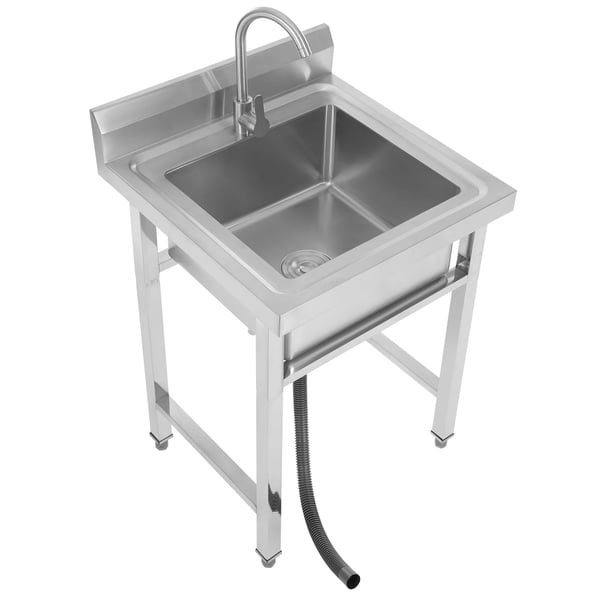 Vask - Fritstående - Enkelt kumme - Rustfrit stål - Med vandhane - 60×60×93 cm - Højdejusterbar 1–3 cm - Rektangulær - Sølv