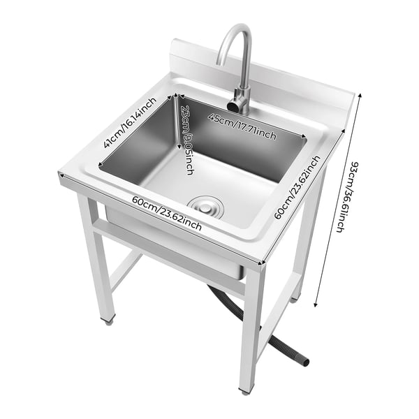 Vask - Fritstående - Enkelt kumme - Rustfrit stål - Med vandhane - 60×60×93 cm - Højdejusterbar 1–3 cm - Rektangulær - Sølv