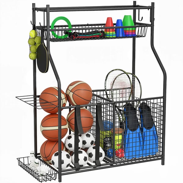 Förvaring för sportutrustning - Bollställ med korg - Avtagbara krokar - Elastiska band för basket och fotboll - Svart
