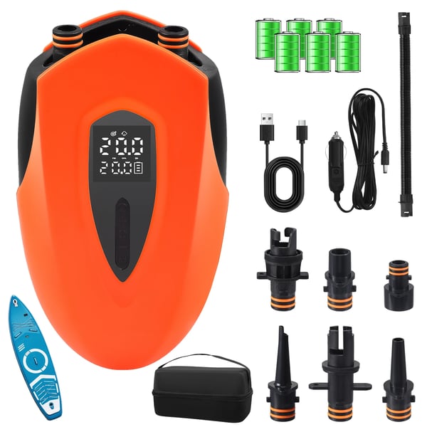 Elektrinen Ilmapumppu - SUP 12 V DC - 20 PSI - 12000 mAh Akku Mukana - LED-Valo - SUP-laudoille ja teltoille - Oranssi
