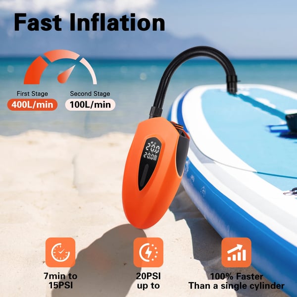 Elektrinen Ilmapumppu - SUP 12 V DC - 20 PSI - 12000 mAh Akku Mukana - LED-Valo - SUP-laudoille ja teltoille - Oranssi