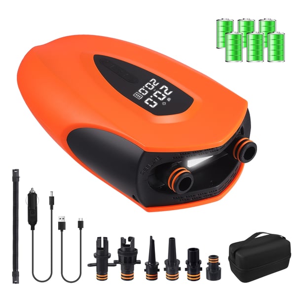 Elektrinen Ilmapumppu - SUP 12 V DC - 20 PSI - 12000 mAh Akku Mukana - LED-Valo - SUP-laudoille ja teltoille - Oranssi