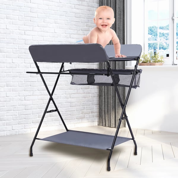 Baby puslebord - Foldbart skiftebord - Sikkerhedsrem - Opbevaringshylder - Belastning 25 kg - Plade 80x63x16 cm - Sort