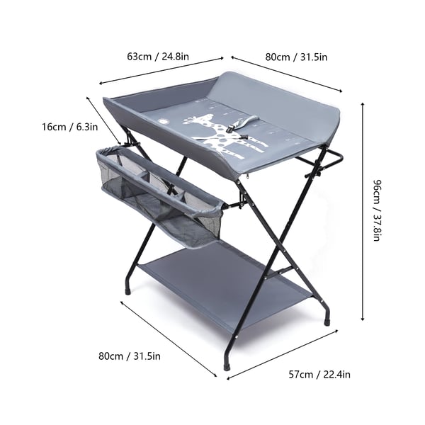 Baby puslebord - Foldbart skiftebord - Sikkerhedsrem - Opbevaringshylder - Belastning 25 kg - Plade 80x63x16 cm - Sort