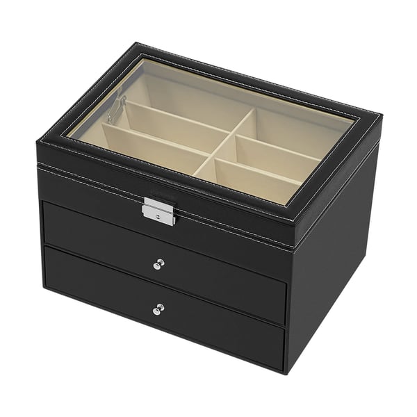 Solbrille & brille opbevaringsboks - 3-lags displaykasse - 24 Rum - PU-læder, MDF, velour, glas - Bordstående/fritstående - Sort