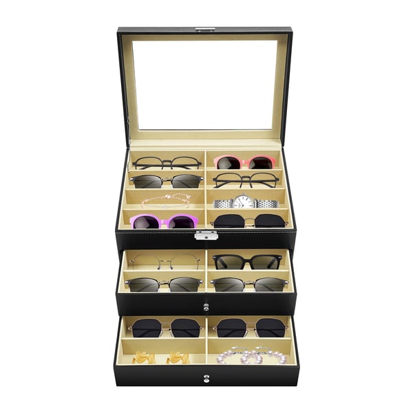 Solbrille & brille opbevaringsboks - 3-lags displaykasse - 24 Rum - PU-læder, MDF, velour, glas - Bordstående/fritstående - Sort
