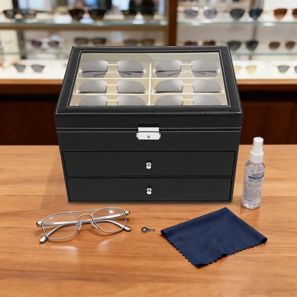 Solbrille & brille opbevaringsboks - 3-lags displaykasse - 24 Rum - PU-læder, MDF, velour, glas - Bordstående/fritstående - Sort