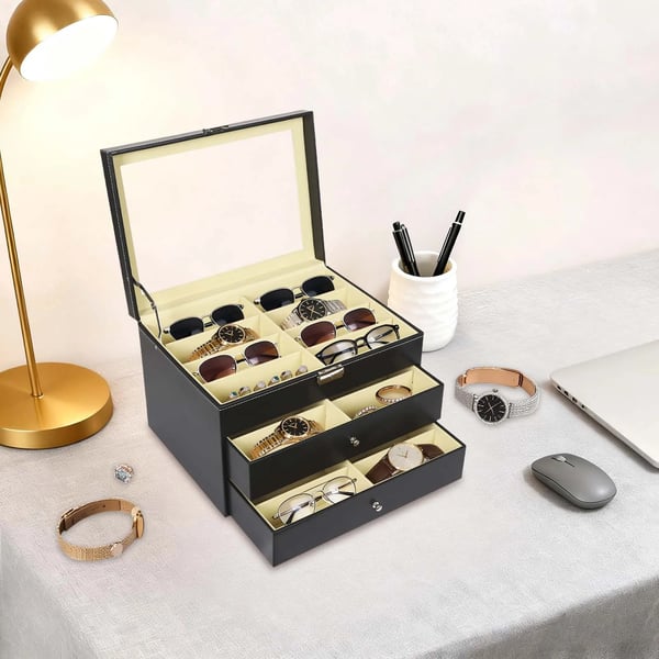 Solbrille & brille opbevaringsboks - 3-lags displaykasse - 24 Rum - PU-læder, MDF, velour, glas - Bordstående/fritstående - Sort