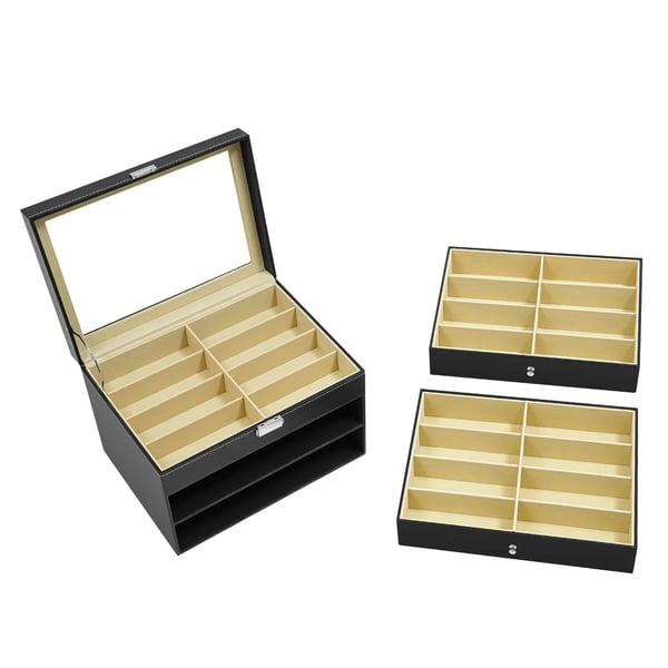 Solbrille & brille opbevaringsboks - 3-lags displaykasse - 24 Rum - PU-læder, MDF, velour, glas - Bordstående/fritstående - Sort