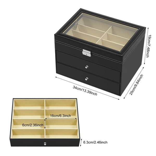 Solbrille & brille opbevaringsboks - 3-lags displaykasse - 24 Rum - PU-læder, MDF, velour, glas - Bordstående/fritstående - Sort
