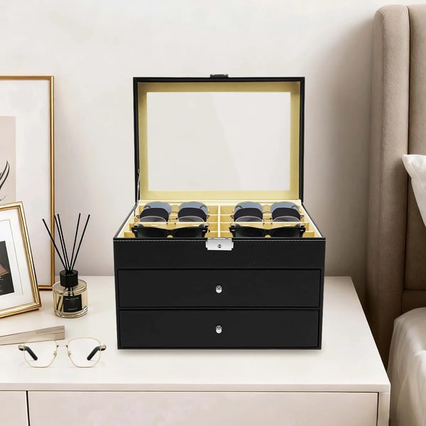 Solbrille & brille opbevaringsboks - 3-lags displaykasse - 24 Rum - PU-læder, MDF, velour, glas - Bordstående/fritstående - Sort