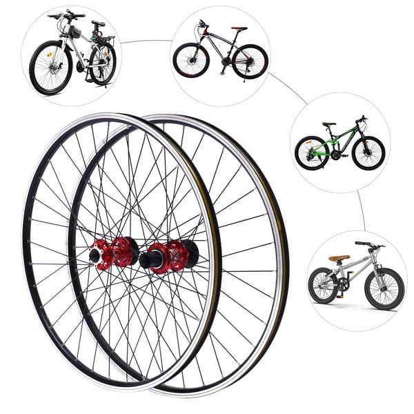 MTB Hjulsæt - 69,9 cm - Dobbeltbundede fælge - 32 eger - Aluminiumsnav - 6-bolts skivebremse - 7–11 gear - Rød