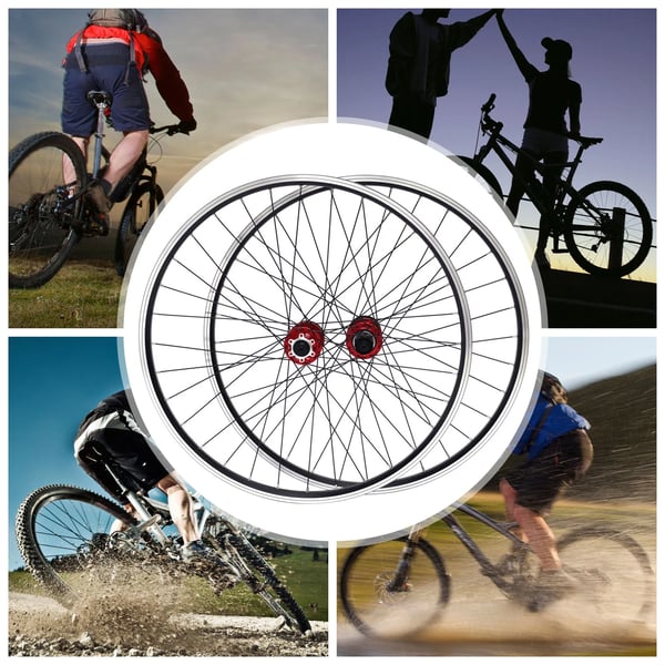 MTB Hjulsæt - 69,9 cm - Dobbeltbundede fælge - 32 eger - Aluminiumsnav - 6-bolts skivebremse - 7–11 gear - Rød