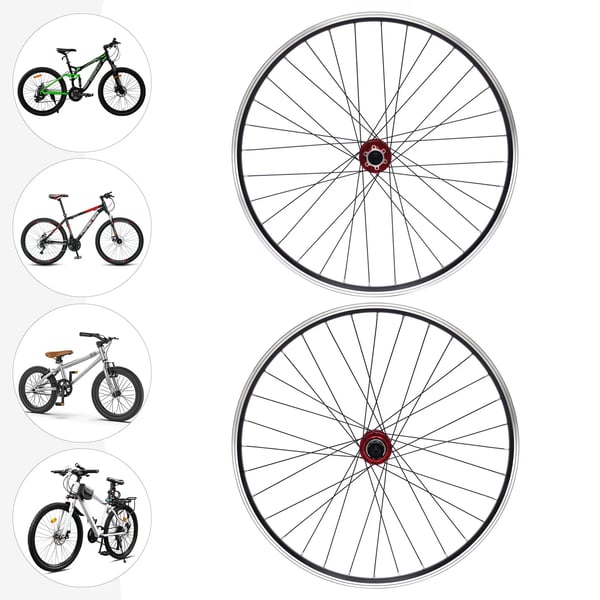 MTB Hjulsæt - 69,9 cm - Dobbeltbundede fælge - 32 eger - Aluminiumsnav - 6-bolts skivebremse - 7–11 gear - Rød