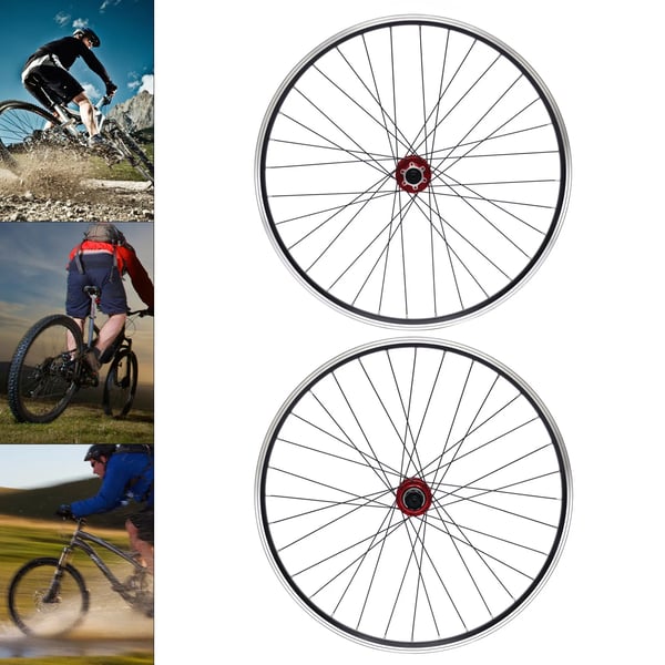 MTB Hjulsæt - 69,9 cm - Dobbeltbundede fælge - 32 eger - Aluminiumsnav - 6-bolts skivebremse - 7–11 gear - Rød