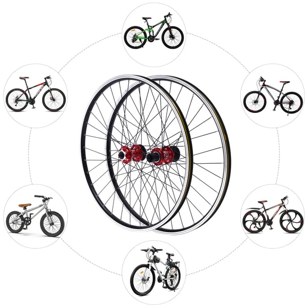 MTB Hjulsæt - 69,9 cm - Dobbeltbundede fælge - 32 eger - Aluminiumsnav - 6-bolts skivebremse - 7–11 gear - Rød