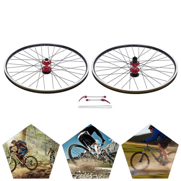 MTB Hjulsæt - 69,9 cm - Dobbeltbundede fælge - 32 eger - Aluminiumsnav - 6-bolts skivebremse - 7–11 gear - Rød