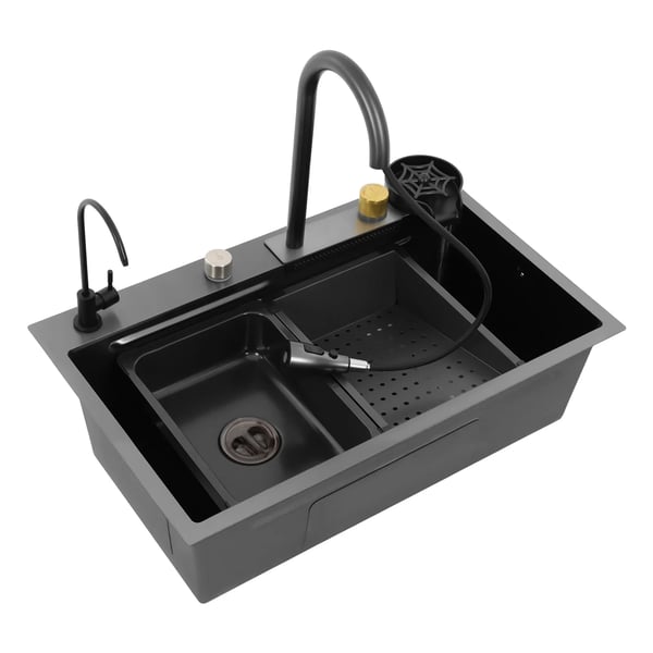 Køkkenvask - Enkelt kumme - 304 rustfrit stål - Med armatur - Fire huller - Topmonteret eller planmonteret - Nano-honeycomb overflade - Gunmetalgrå