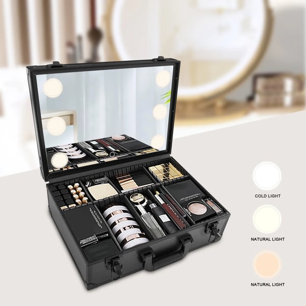 Makeup taske - Makeupkuffert - LED-lys & Spejl - Justerbare Inddelere - Til Øjenskyggepaletter - Str. M - Sort