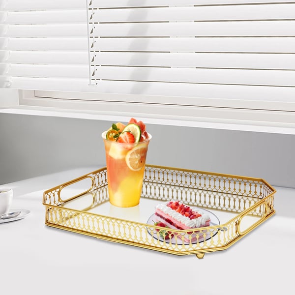 Serveringsbakke - Rektangulær dekorativ glasbakke - Til parfume, kosmetik, makeup, smykker - 35×25×5 cm - Guld