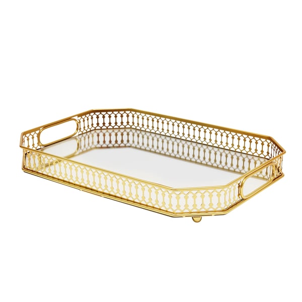 Serveringsbakke - Rektangulær dekorativ glasbakke - Til parfume, kosmetik, makeup, smykker - 35×25×5 cm - Guld