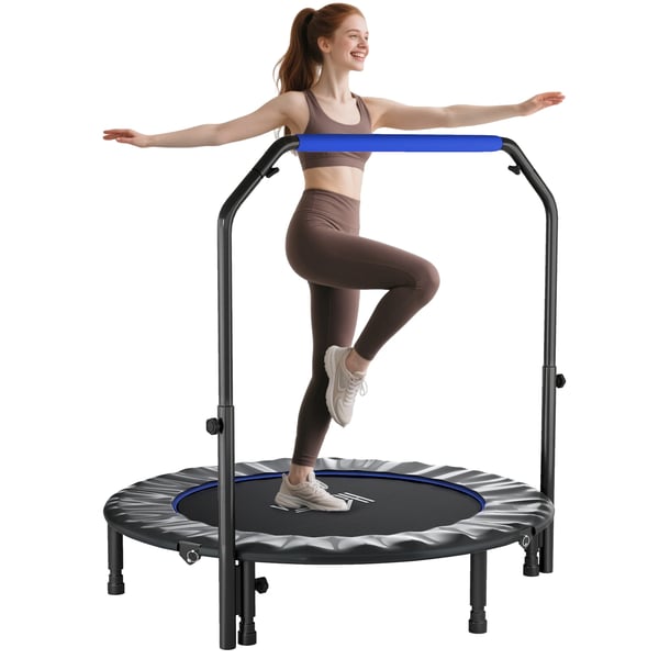 Fitness-trampolin - Minitrampolin för vuxna - Ø122 cm - Hopfällbar - 4-nivåers justerbart handtag - För konditionsträning - Blå