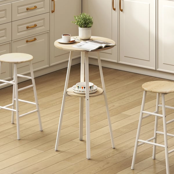 Barbord / Högbord - Rund - Förvaringshylla - För 2 personer - Metallram - 55x55x95 cm - Naturträ/Vit