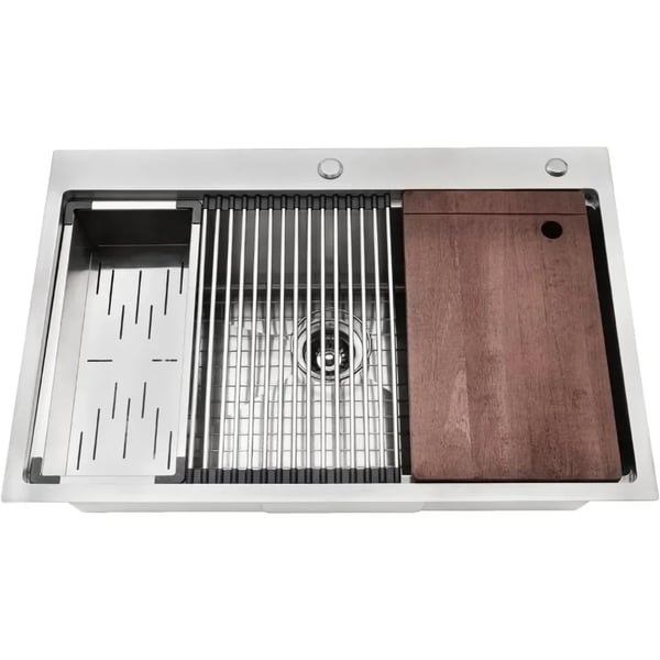 Køkkenvask - Nedfældet enkelt kumme - 84 x 56 cm - 304 rustfrit stål - Uden armatur - 1 hul - Med afløb og panel