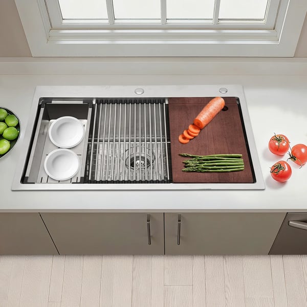 Køkkenvask - Nedfældet enkelt kumme - 84 x 56 cm - 304 rustfrit stål - Uden armatur - 1 hul - Med afløb og panel