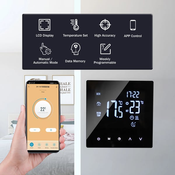 Smart termostat til vandbåren varme - WiFi rumtermostat - LCD-touch - Ugeprogram - Appstyring - Manuel/Auto - 3 A - Lysegul