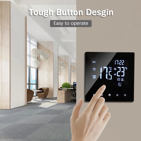 Smart termostat til vandbåren varme - WiFi rumtermostat - LCD-touch - Ugeprogram - Appstyring - Manuel/Auto - 3 A - Lysegul