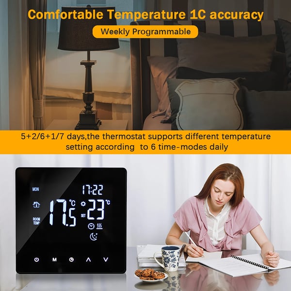 Smart termostat til vandbåren varme - WiFi rumtermostat - LCD-touch - Ugeprogram - Appstyring - Manuel/Auto - 3 A - Lysegul