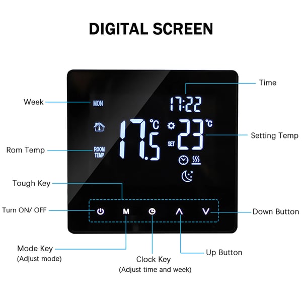 Smart termostat til vandbåren varme - WiFi rumtermostat - LCD-touch - Ugeprogram - Appstyring - Manuel/Auto - 3 A - Lysegul