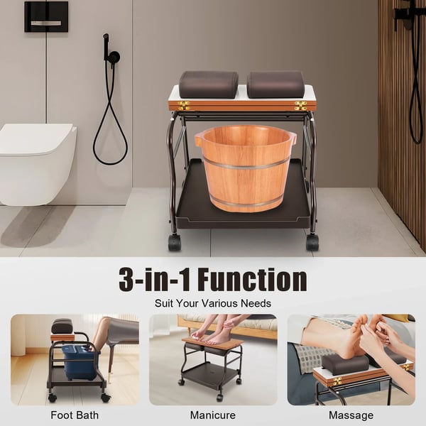 Fodbad/SPA rullevogn - Pedicurevogn - Med hjul - Opbevaringshylde - Fodstøtte - Bæreevne 18 kg - Samling påkrævet - Sort