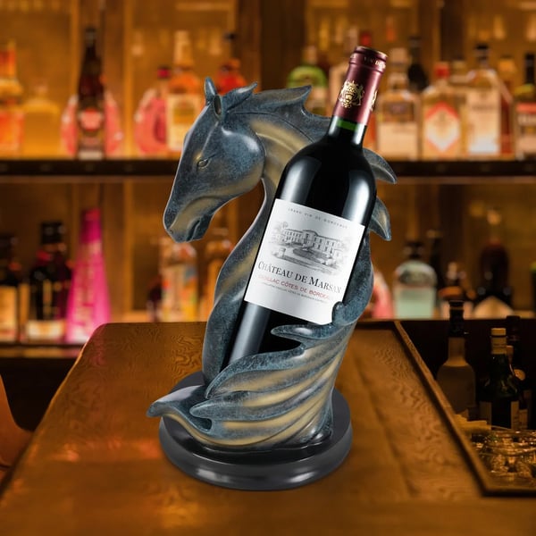Vinflaskeholder - Hesteskulptur Bordstander - Vinreol Til Bord - Hjem & Køkken Dekor - Vinkælder Opbevaring - Gave - Blå