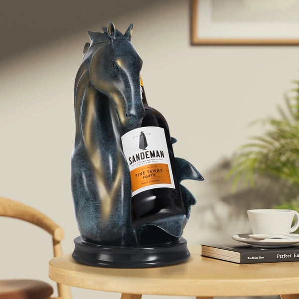 Vinflaskeholder - Hesteskulptur Bordstander - Vinreol Til Bord - Hjem & Køkken Dekor - Vinkælder Opbevaring - Gave - Blå