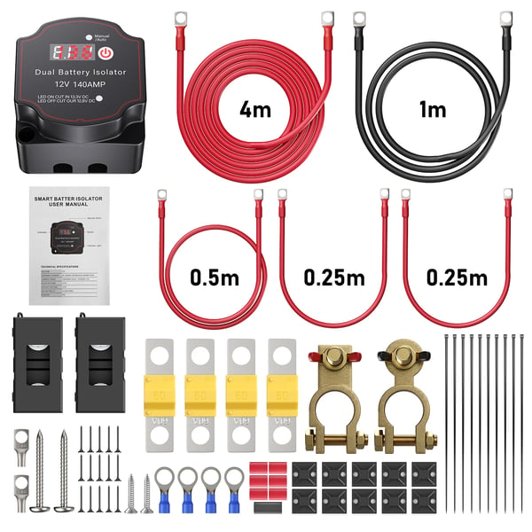 Smart dobbelt batteri-isolator - VSR Relæsæt - LED Spændingsdisplay - 12 V - 140 A - Vandtæt - Til Bil & Autocamper - Beige