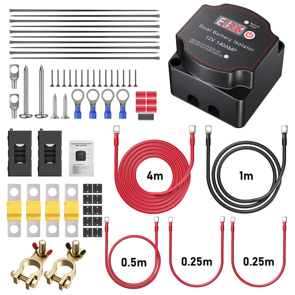 Smart dobbelt batteri-isolator - VSR Relæsæt - LED Spændingsdisplay - 12 V - 140 A - Vandtæt - Til Bil & Autocamper - Beige
