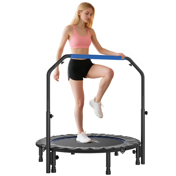 Fitness-trampolin - Rebounder för vuxna - Diameter 114 cm - Hopfällbar - Justerbart handtag 4 nivåer - Stålram - Kondition och benträning - Svart