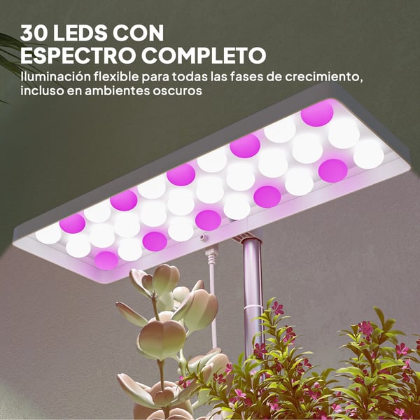 Inomhus växtlampa - Fullspektrum grow light - 30 LED - Höjdjusterbar - Automatisk timer 8/12/16/24 h - Fristående - 3 lådor - Vit
