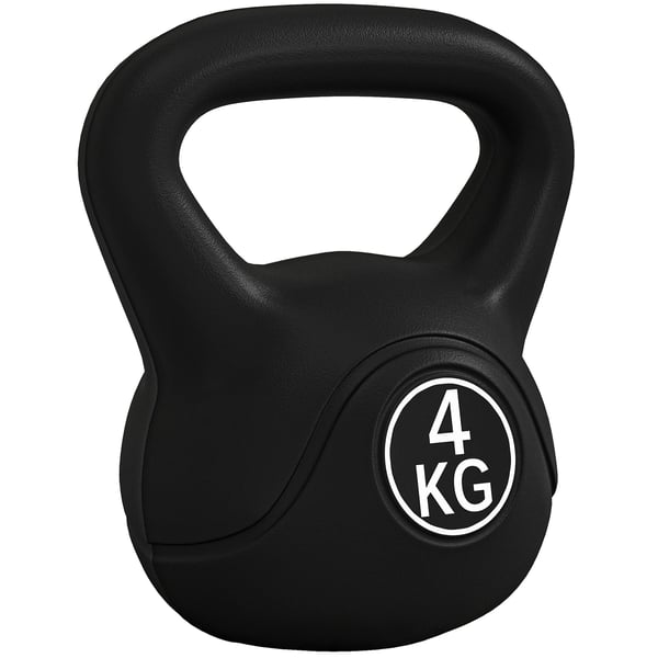 Kettlebell 4 kg - Träningskettlebell - Plastbeläggning - Sandfylld - Brett handtag - Platt botten - För styrketräning och ben - Svart Kettlebell 4 kg - Träningskettlebell - Plastbeläggning - Sandfylld - Brett handtag - Platt botten - För styrketräning och ben - Svart