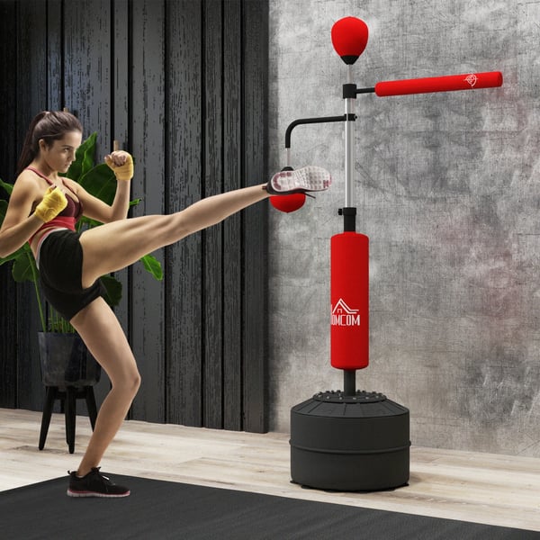Boxningssäck - Fristående - Justerbar höjd 160–230 cm - 360° roterande stång - 2 speedbollar - Påfyllningsbar bas - För vuxna och barn 8+ - Röd