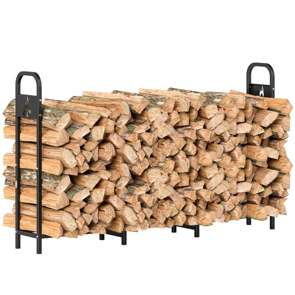 Vedställ & Vedförvaring - Utomhus Stålställ - 200×30×120 cm - Förstärkta Ben - Utskuret Lägereldsmotiv - Max 300 kg - Trädgård - Chokladbrun