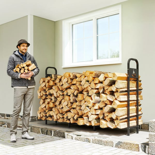 Vedställ & Vedförvaring - Utomhus Stålställ - 200×30×120 cm - Förstärkta Ben - Utskuret Lägereldsmotiv - Max 300 kg - Trädgård - Chokladbrun